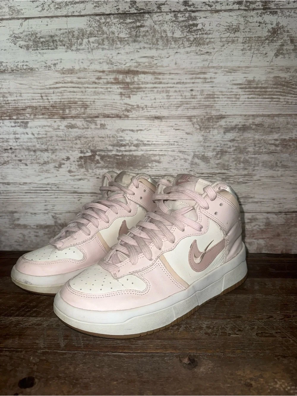 Nike Pink, Cream, and White High-Top Women's Sneakers: size 8